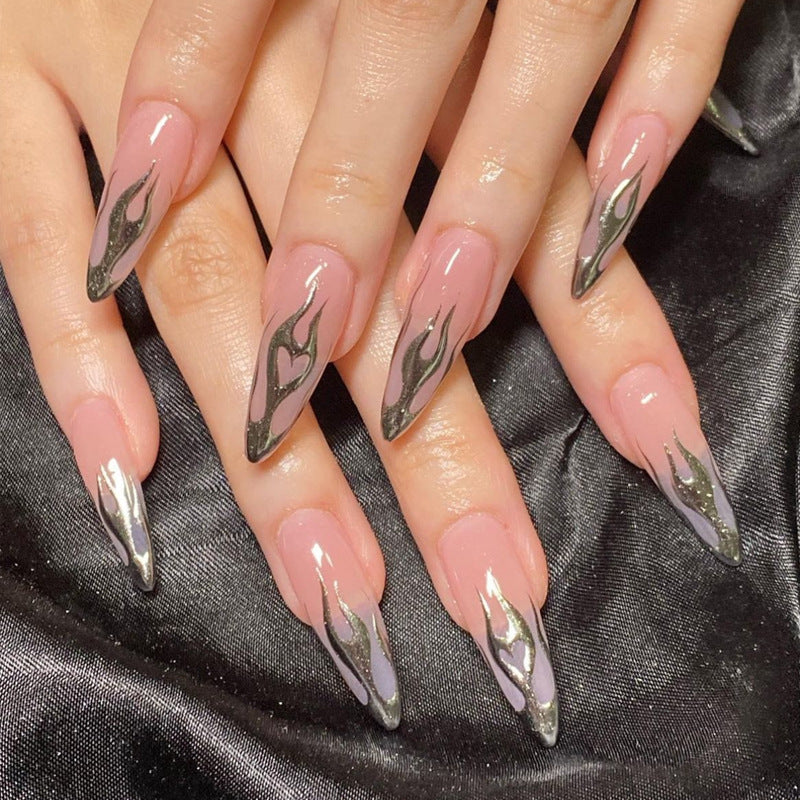 Glamorous Flame Inspired Long Stiletto Pink and Gray Press On Nail Set with Unique Heart Design