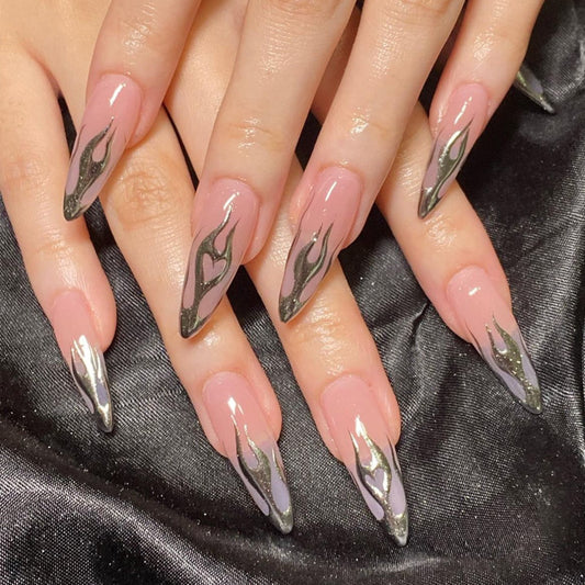 Glamorous Flame Inspired Long Stiletto Pink and Gray Press On Nail Set with Unique Heart Design