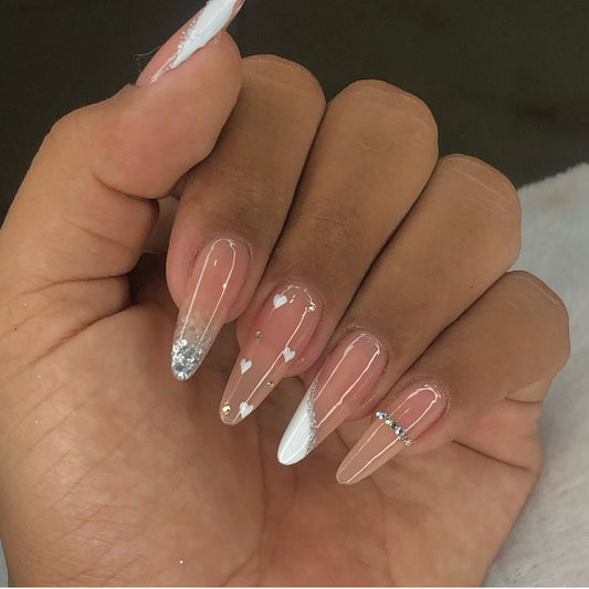 Romantic Sunlit Almond Press-On Nail Set in Long Elegant Beige with Sparkling Heart Accents and Iridescent Details