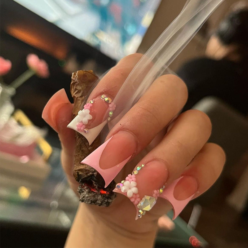 Whimsical Floral Fantasy Long Duck Pink and White Press on Nail Set with Embellished Gems and Charming Details