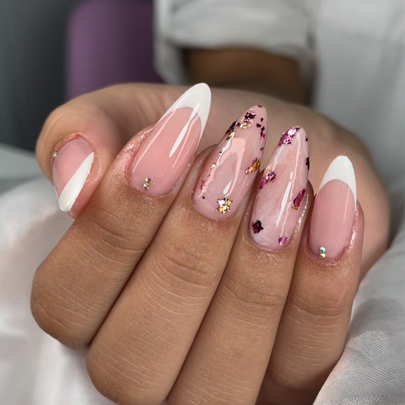 Chic Elegance Long Almond Pink with White Tips and Glitter Accents Press On Nail Set