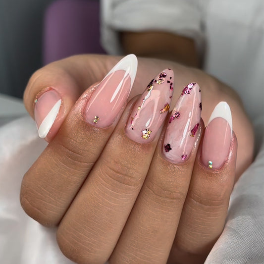 Chic Elegance Long Almond Pink with White Tips and Glitter Accents Press On Nail Set