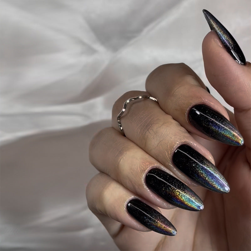 Mystical Elegance Long Almond Shimmering Black Press on Nail Set with Iridescent Finish