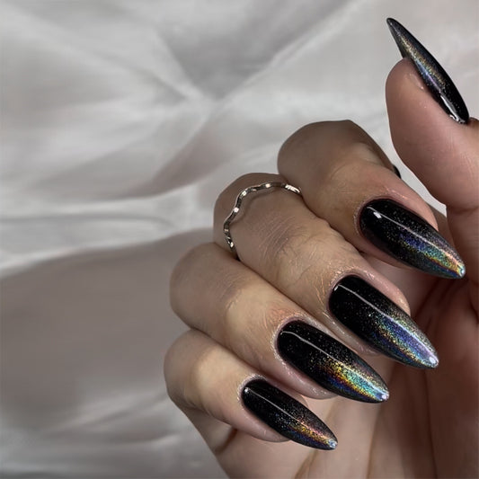 Mystical Elegance Long Almond Shimmering Black Press on Nail Set with Iridescent Finish