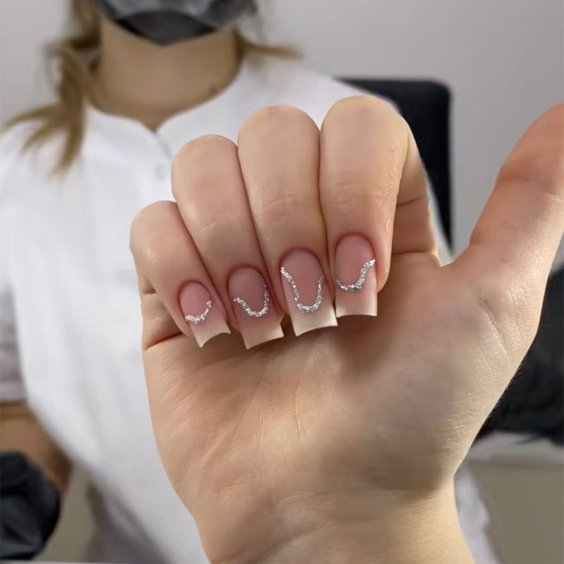 Sparkling Elegance Medium Square Beige Nails with Dazzling Crystal Accents