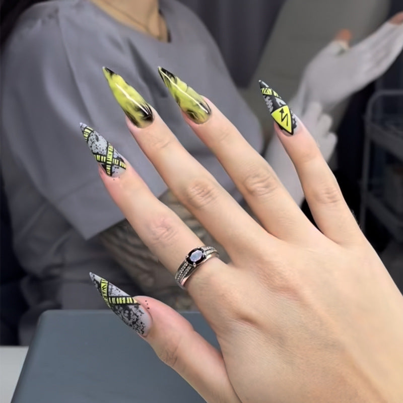 Electric Fusion Long Stiletto Neon Green and Black Graffiti Design Press On Nail Set