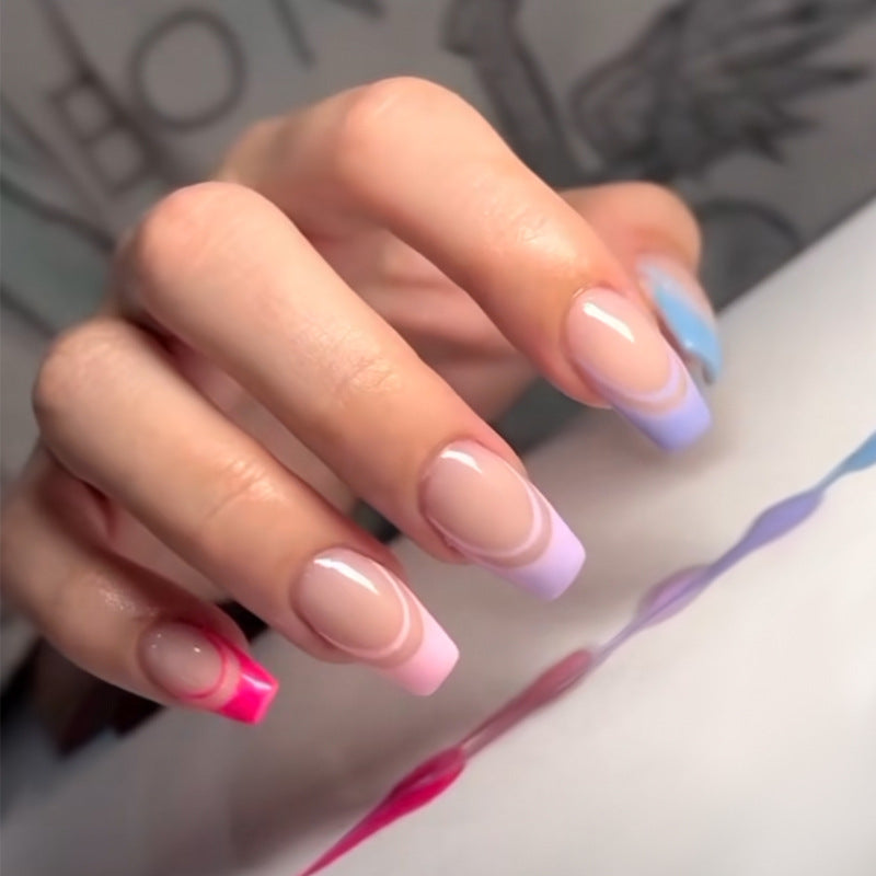 Dreamy Ombre Elegant Medium Square Gradient French Press On Nail Set with Colorful Custom Tips