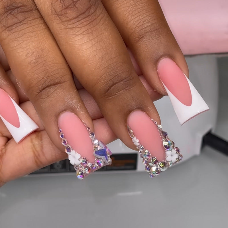 Glamourous Pink Duck Shape Long Press On Nail Set With Dazzling Rhinestone Accents