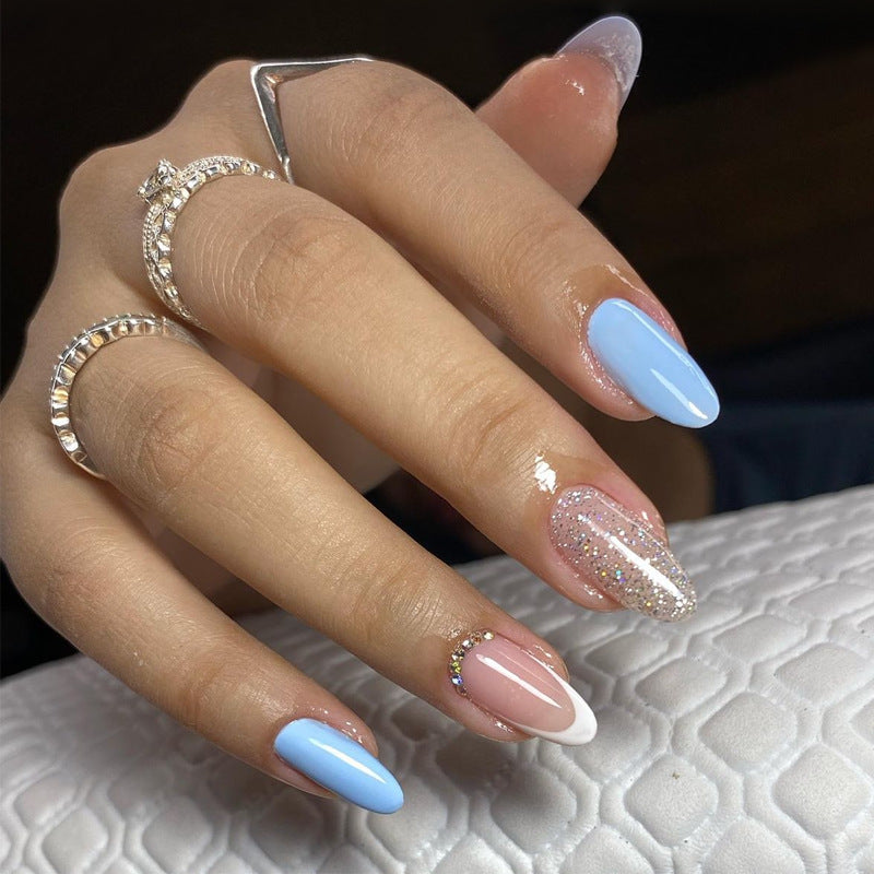 Enchanted Elegance Medium Almond Blue and Pink with Sparkling Accent Press On Nail Set