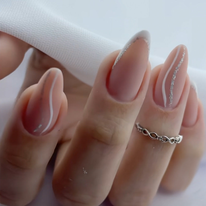 Dreamy Elegance Medium Almond Natural Pink with Dazzling Glitter Wave Design Press-On Nail Set