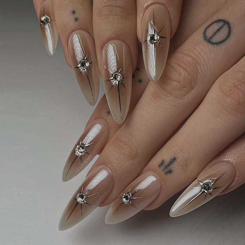 Celestial Elegance Long Almond Beige Press-On Nail Set with Starburst Gem Accents