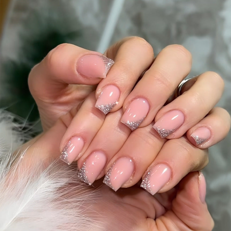 Chic Elegance Short Square Shaped Blush Pink Press On Nail Set with Sparkling French Tips