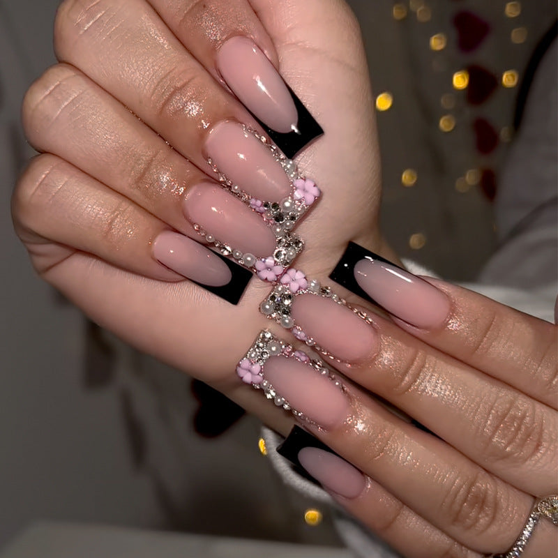 Enchanting Elegance Long Square Blush Pink and Black Press On Nail Set with Beautiful Floral Gems