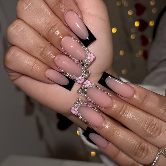 Enchanting Elegance Long Square Blush Pink and Black Press On Nail Set with Beautiful Floral Gems
