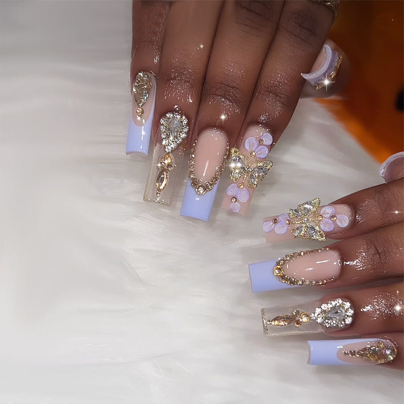 Enchanted Garden Long Square Stiletto Pastel Blue with Sparkling Gem Accents Press on Nail Set