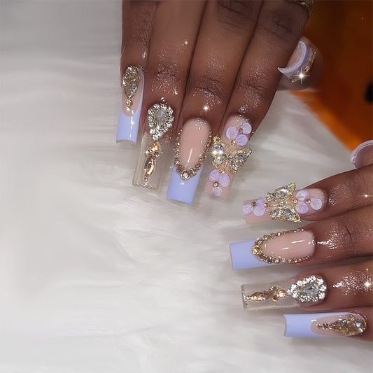 Enchanted Garden Long Square Stiletto Pastel Blue with Sparkling Gem Accents Press on Nail Set