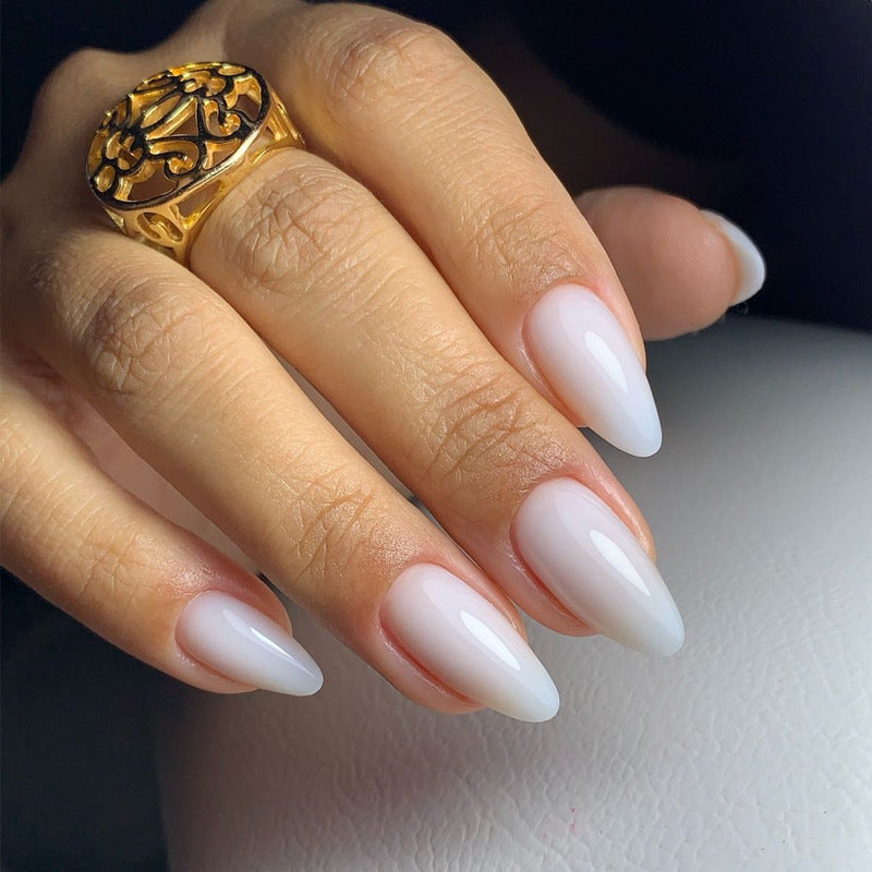 Enchanted Whisper Elegant Medium Almond Shaped Frosted White Press On Nail Set with Glossy Finish
