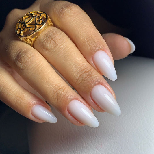 Enchanted Whisper Elegant Medium Almond Shaped Frosted White Press On Nail Set with Glossy Finish