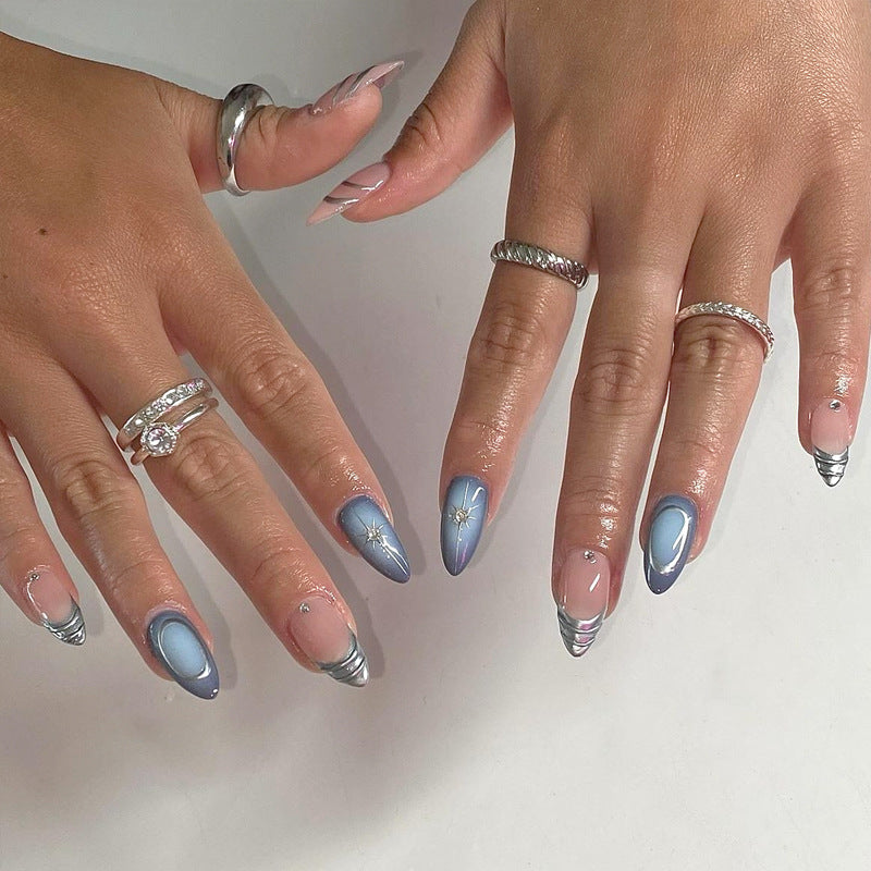 Celestial Dreamscape Medium Almond Gradient Blue Press On Nail Set with Starry Accents