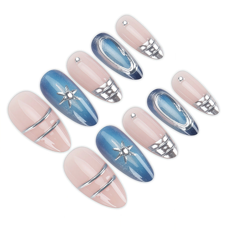 Celestial Dreams Medium Almond Pink and Blue Gradient Press-On Nail Set with Star Accents