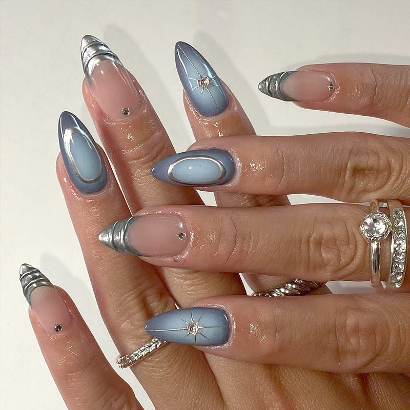 Celestial Dream Medium Almond Ombre Blue Press On Nail Set with Silver Accents and Unique Gemstone Detail