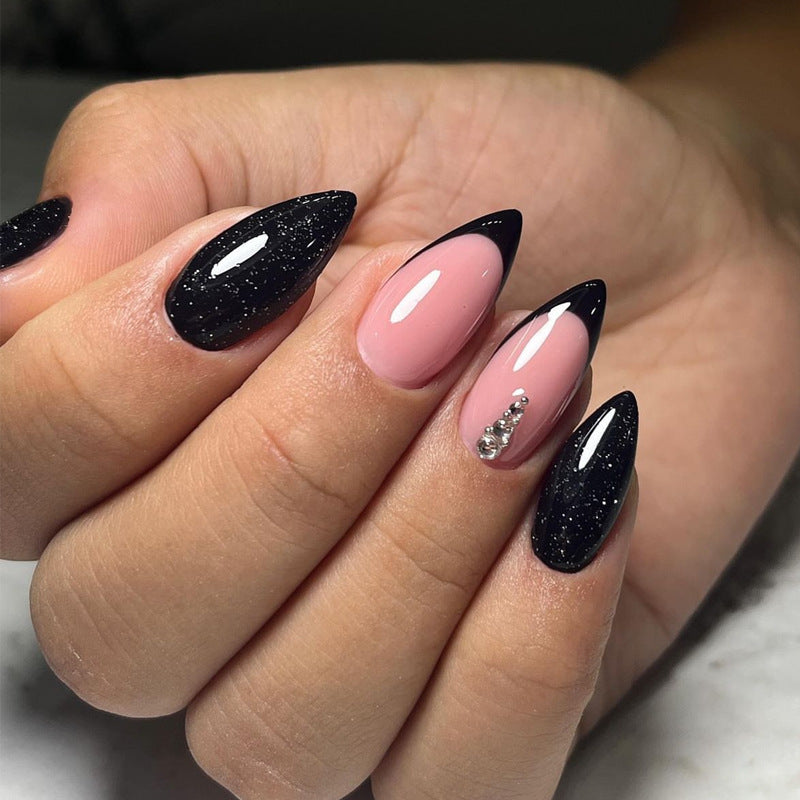 Glamorous Night Out Medium Almond Black and Pink Design with Glittering Accent