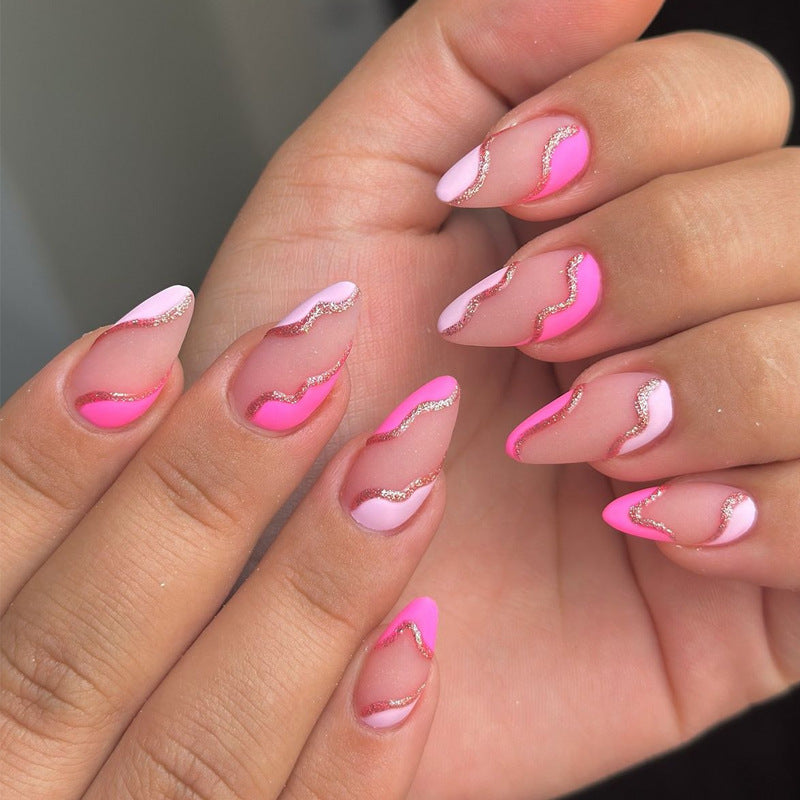 Glamorous Sunset Medium Almond Shaped Pink Gradient Press on Nail Set with Shimmering Wave Detail