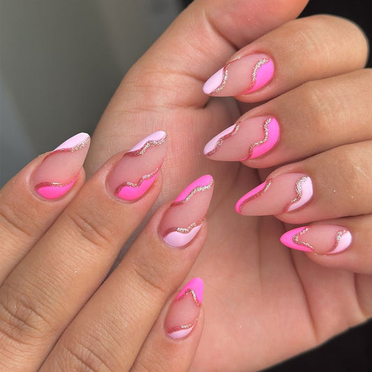 Glamorous Sunset Medium Almond Shaped Pink Gradient Press on Nail Set with Shimmering Wave Detail