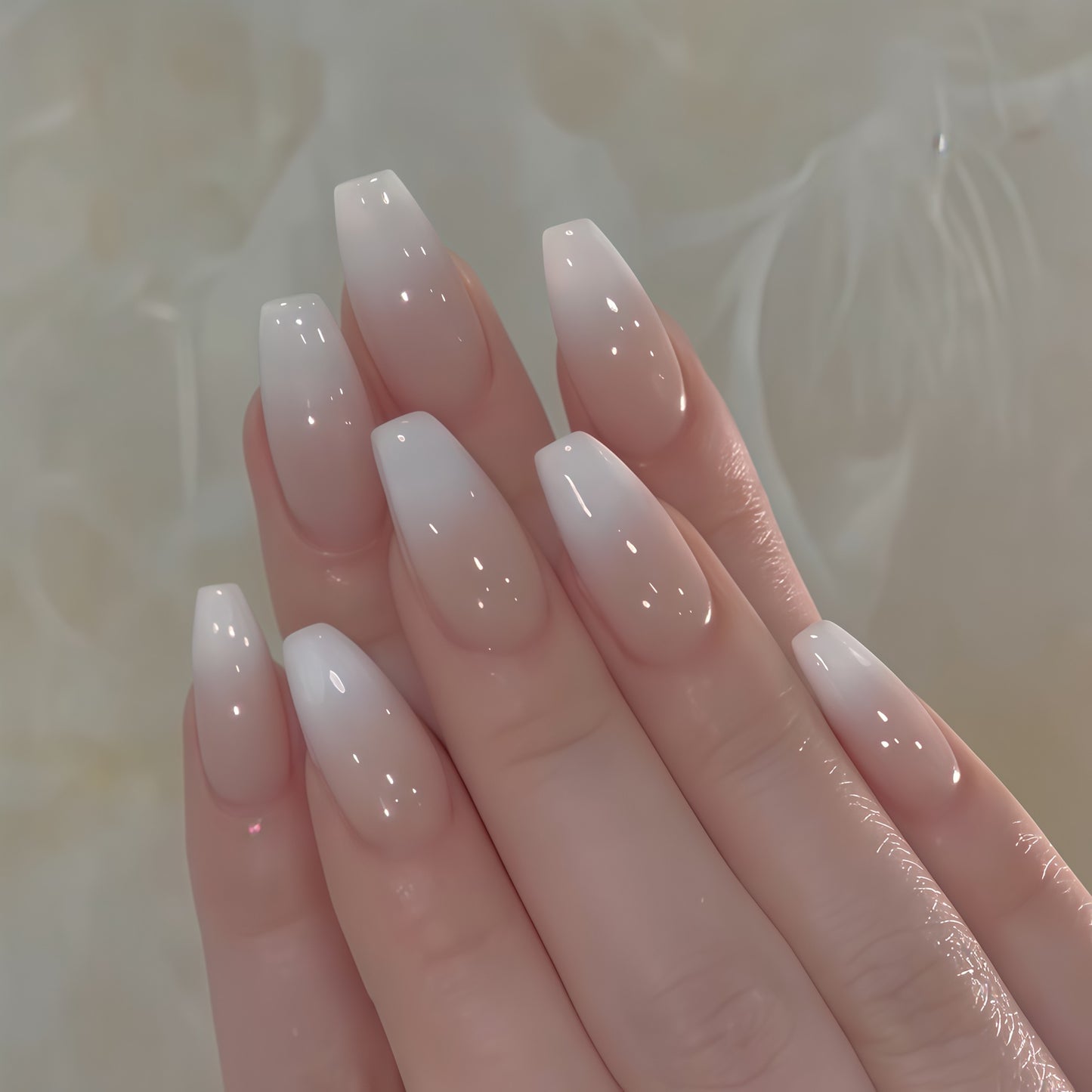 Elegant Whisper Long Coffin Ombre White Glossy Nail Set