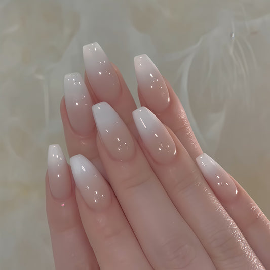 Elegant Whisper Long Coffin Ombre White Glossy Nail Set