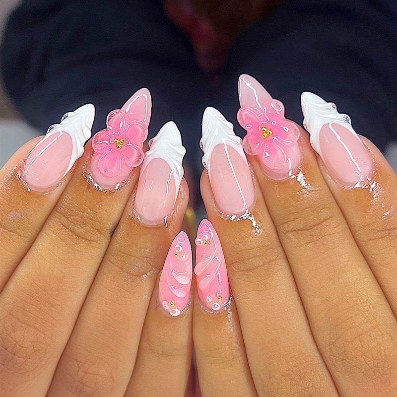 Blossoming Elegance Long Almond Pink with Floral Embellishments Press On Nail Set