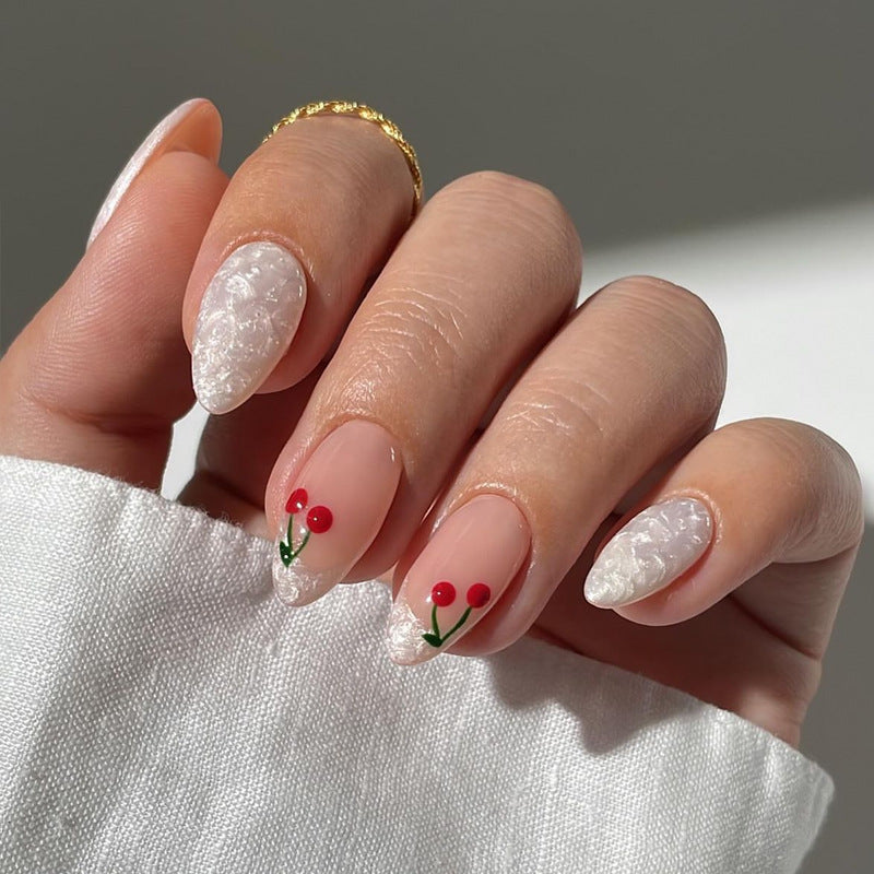 Cherry Blossom Dream Long Almond White Ombre with Delicate Floral Accents Press On Nail Set