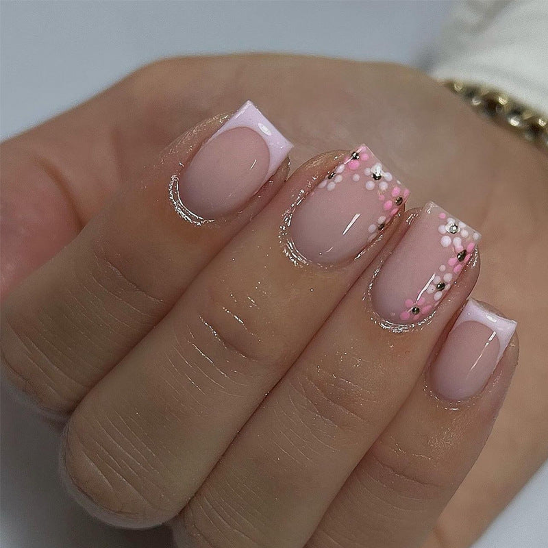 Blossom Bliss Medium Short Square Pink with Dazzling Floral Accents Nail Set
