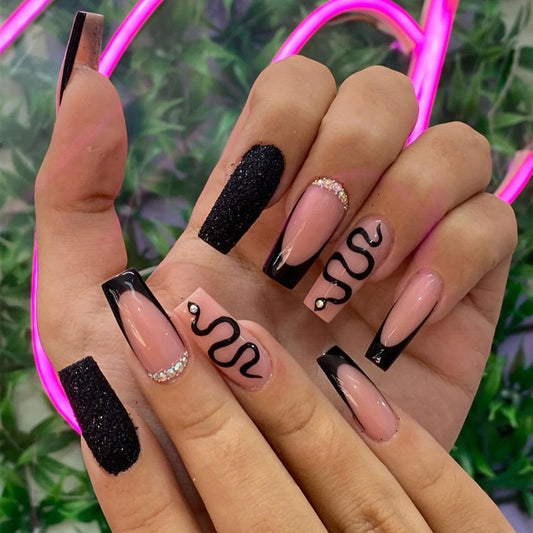 Sleek Enchantment Long Square Black and Pink Ombre with Glitter Accents and Unique Slithering Design Nail Set
