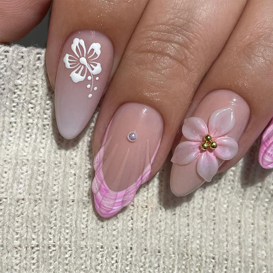 Dreamy Blossom Elegant Medium Almond Long Pink Floral Nail Set with Charming Embellishments