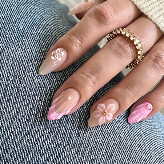 Whimsical Floral Press-on Nail Set Medium Almond Neutral and Pink with Charming Flower Accents