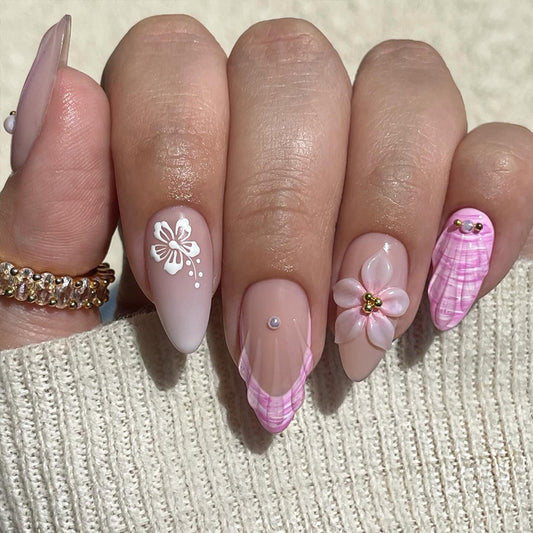 Floral Dream Extra Medium Almond Shaped Soft Pink Glossy Press On Nail Set with Charming Floral Accents