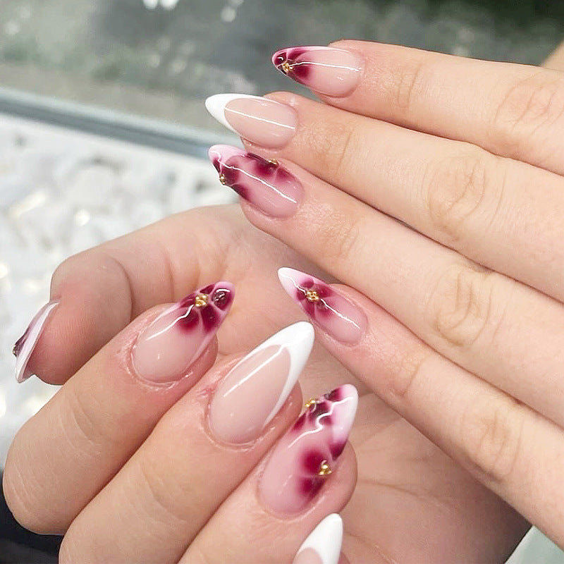 Floral Elegance Long Almond Pink and White Ombre with Stunning Gold Accents Press On Nail Set