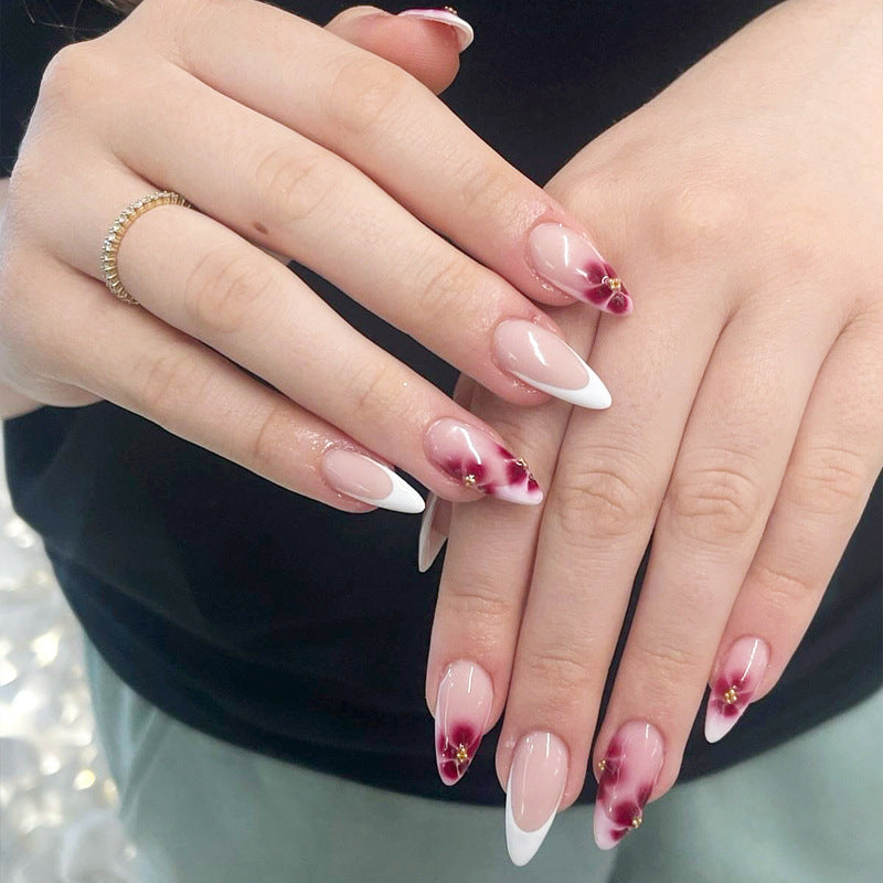 Floral Serenity Sharp Long Almond Pink and White Ombre Press on Nail Set with Elegant Blossom Accents
