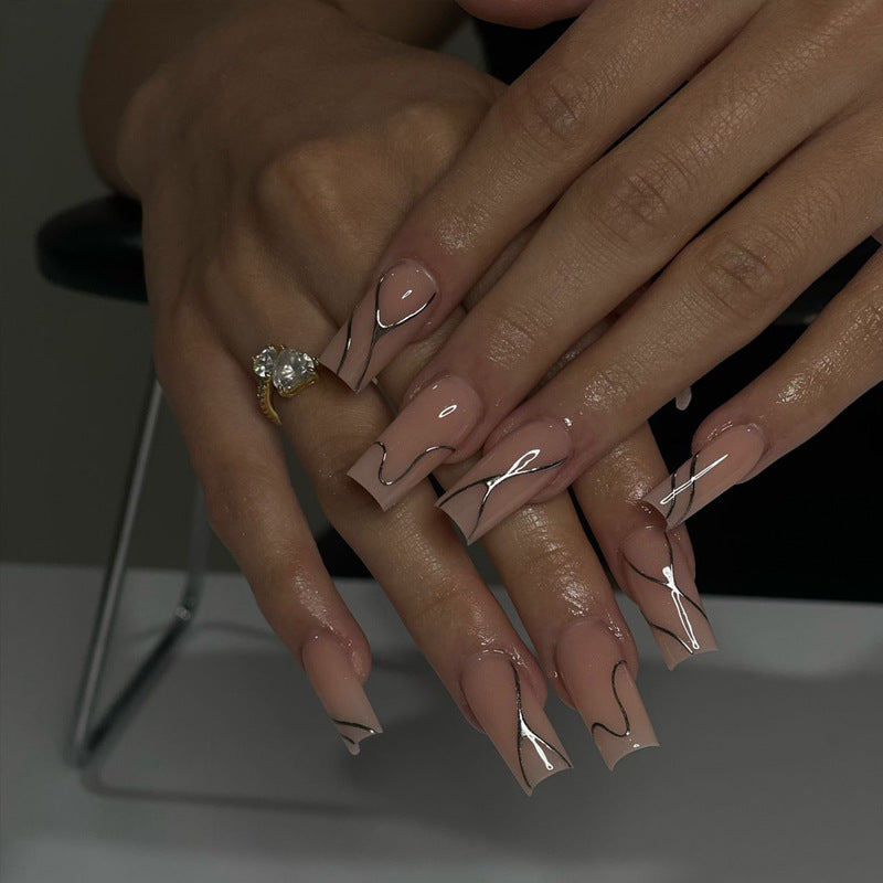 Elegant Dreamy Long Square Beige Glossy Nails with Metallic Swirls Press On Nail Set