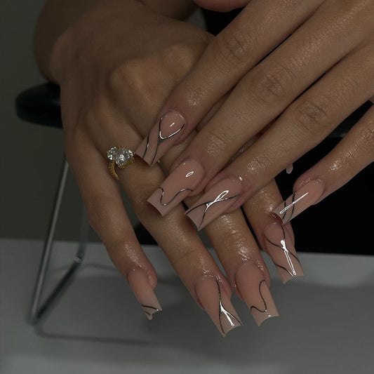 Elegant Dreamy Long Square Beige Glossy Nails with Metallic Swirls Press On Nail Set