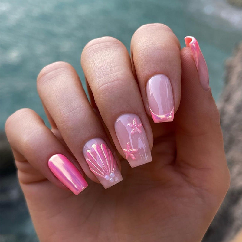 Oceanic Bliss Short Square Long Pink Press On Nail Set with Shell and Starfish Accents