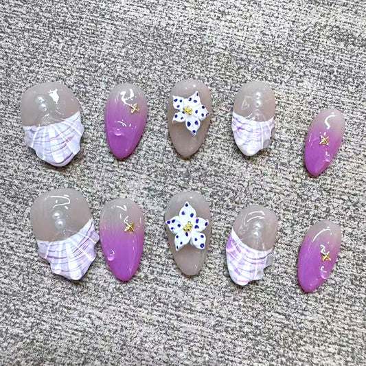 Charming Floral Delight Short Almond Shaped Lavender and Pink Gradient Press-On Nail Set with Unique Floral Accents