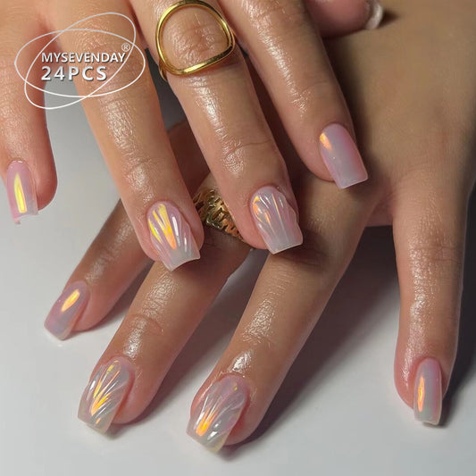 Ethereal Glow Short Square Iridescent Press On Nail Set