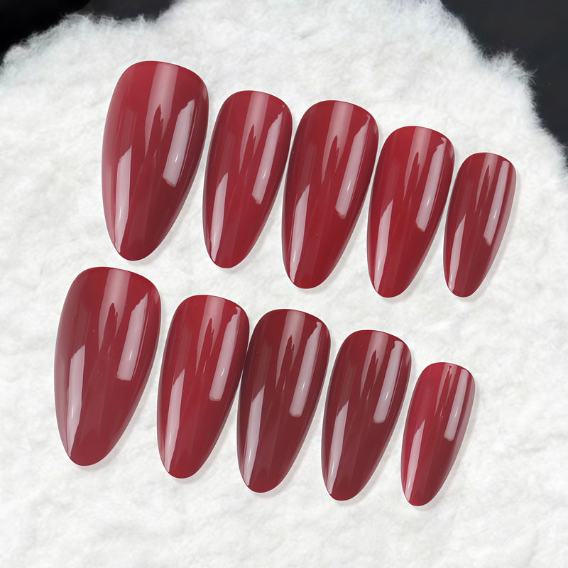 Glamorous Elegance Long Almond Burgundy Glossy Press On Nail Set with Stunning Shine