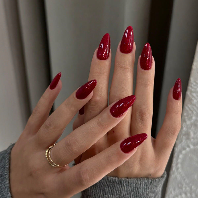 Elegant Wine Twinkling Long Almond Press On Nail Set Glossy Crimson Finish