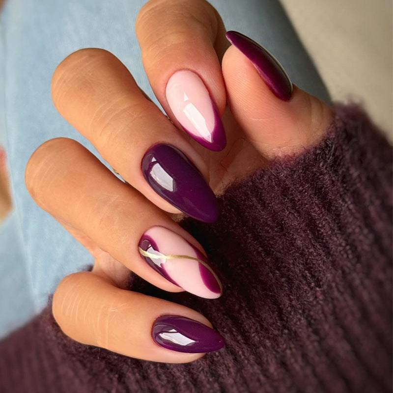 Mystical Elegance Long Almond Purple Pink Gradient Press on Nail Set with Gold Stripe Accent