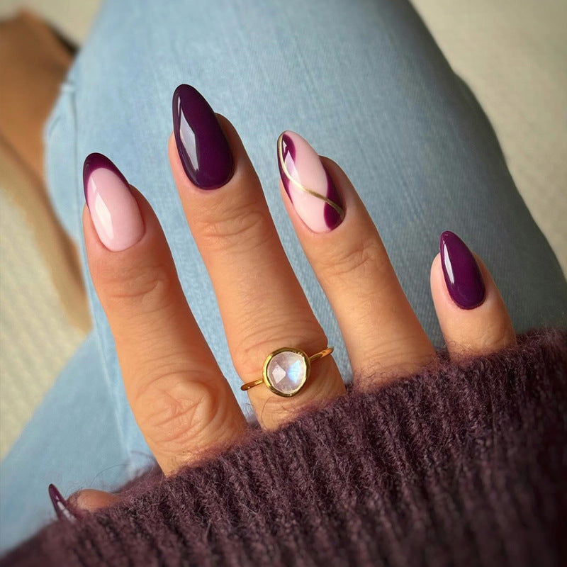 Elegant Twilight Long Almond Purple and Pink Stiletto Press On Nails with Golden Swirl Design