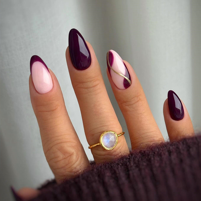 Mystical Elegance Long Almond Shape Deep Purple and Soft Pink with Chic Gold Accent Press On Nail Set