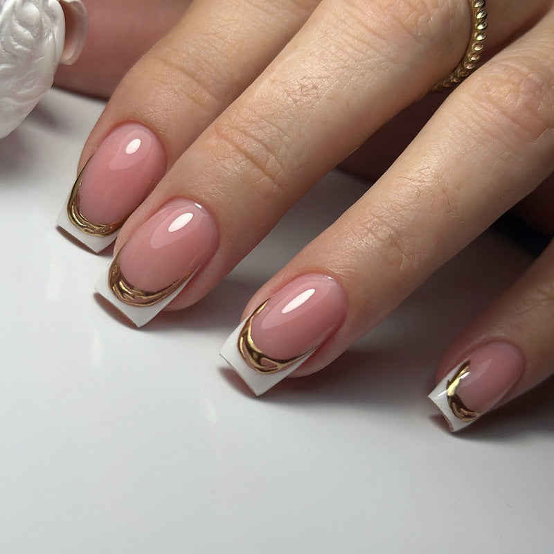 Glamorous Elegance Short Square Pink and White Press on Nail Set with Luxurious Gold Accents
